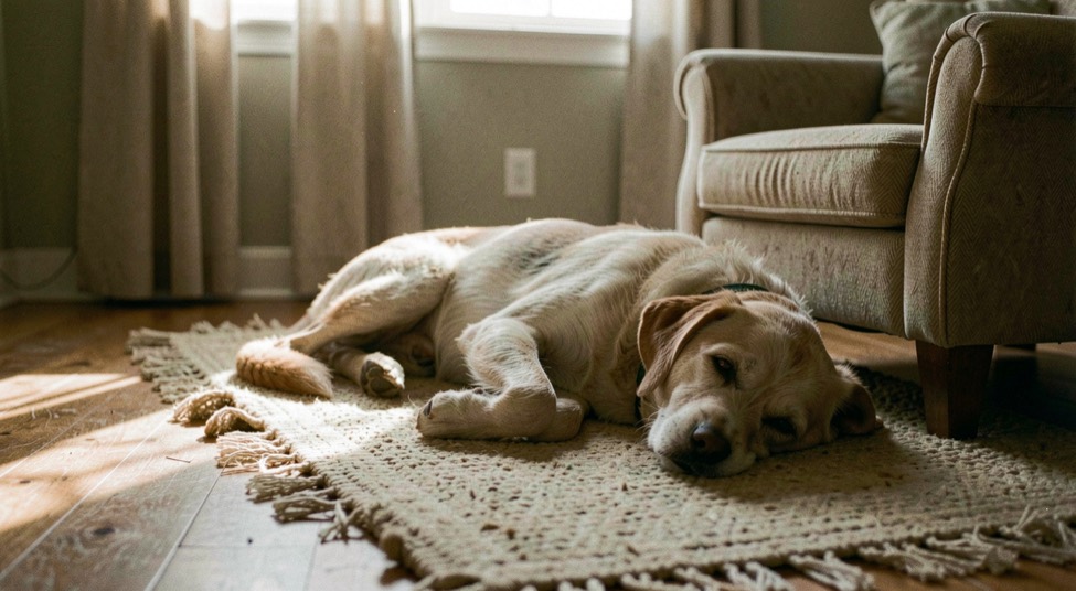Un chien âgé repose sur un tapis épais près d’un fauteuil, dans une pièce calme où la lumière du soir adoucit les contours.