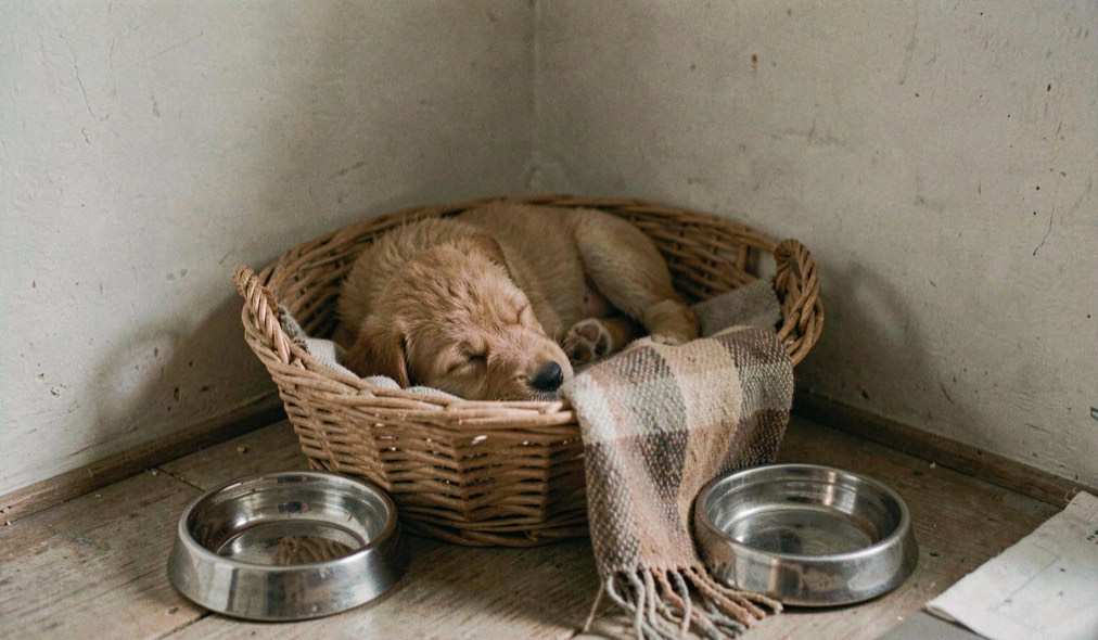 Un chiot dort dans un panier installé dans un angle calme, une gamelle d’eau et une couverture familière restent à portée sans encombrer le passage.