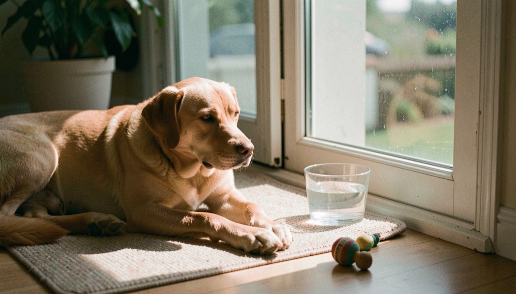 Un chien détendu observe son environnement depuis un tapis près d’une fenêtre ouverte, avec de l’eau, de l’ombre et un jouet accessibles.