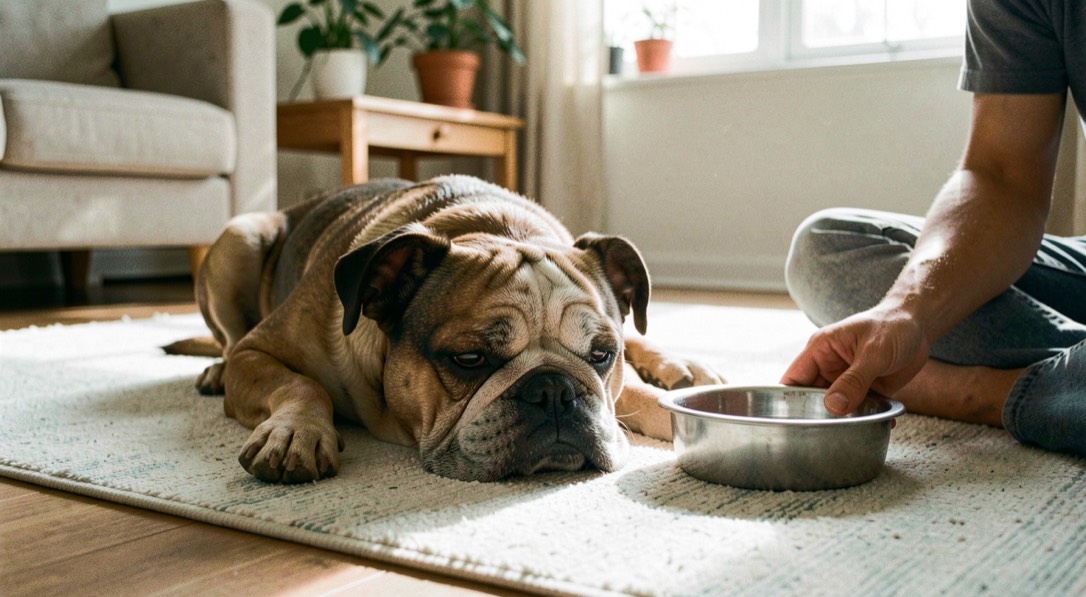 Un bouledogue français se repose à l’ombre sur un tapis frais, son humain garde une gamelle d’eau près de lui dans une pièce aérée.