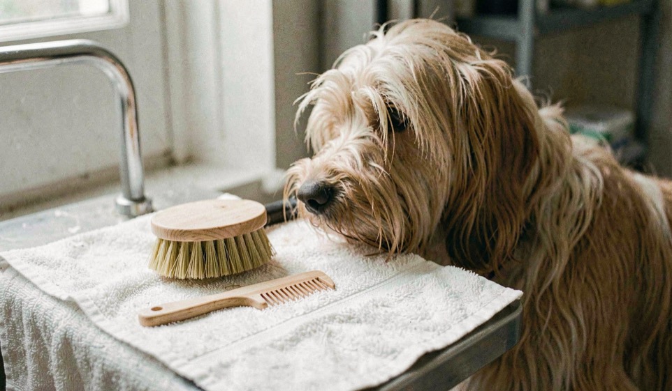 Une brosse souple et un peigne sont posés sur une serviette près d’un chien au pelage long, dans une scène de toilettage calme.