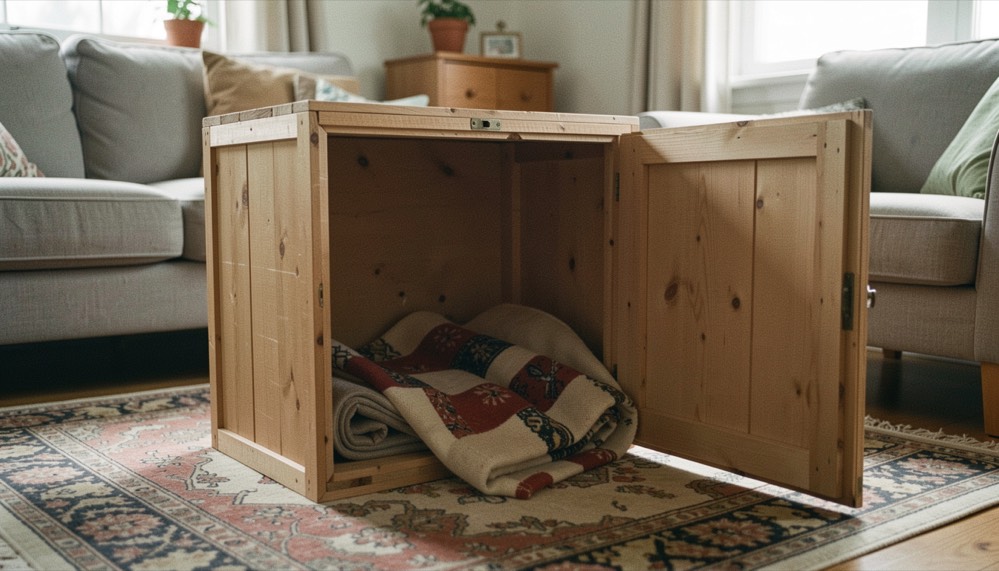Une caisse de transport ouverte est installée dans un salon, tapis et couverture à l’intérieur, la porte reste attachée pour créer un espace accueillant.
