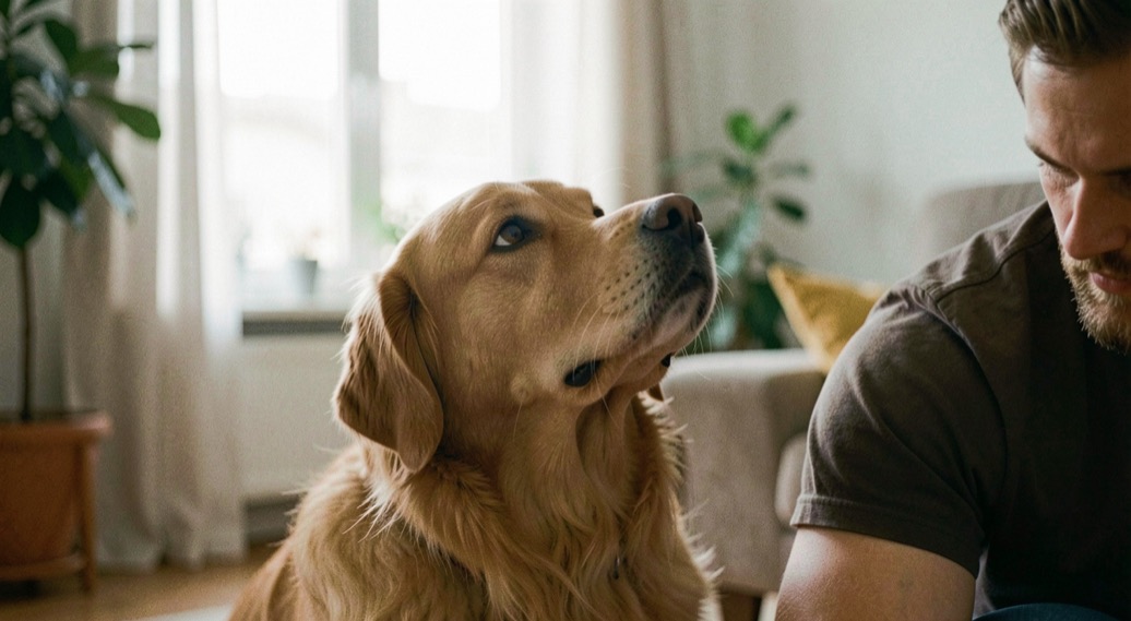 Un chien posé près de son humain lève doucement la tête, les deux visages restent hors cadre et la scène se déroule dans un salon lumineux.