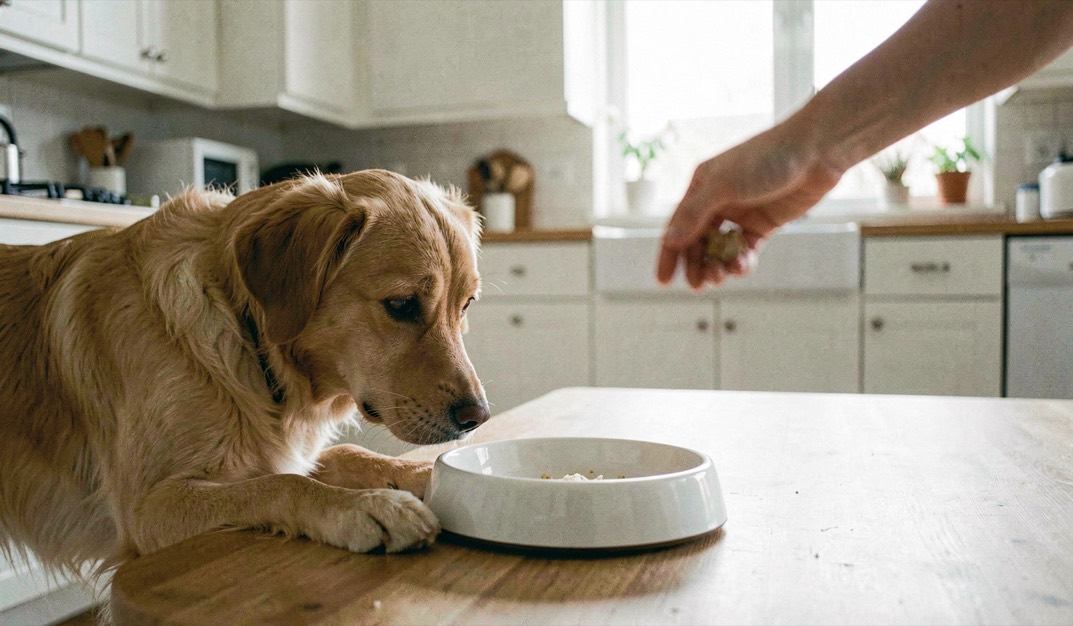 Un chien regarde une gamelle intacte posée dans une cuisine claire, tandis qu’une main éloignée laisse la scène calme et sans pression.