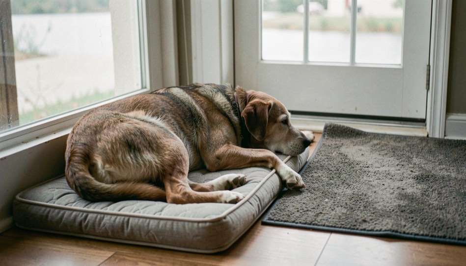 Un chien senior repose sur un matelas bas près d’une fenêtre, un tapis antidérapant relie son couchage à l’eau et à la porte.
