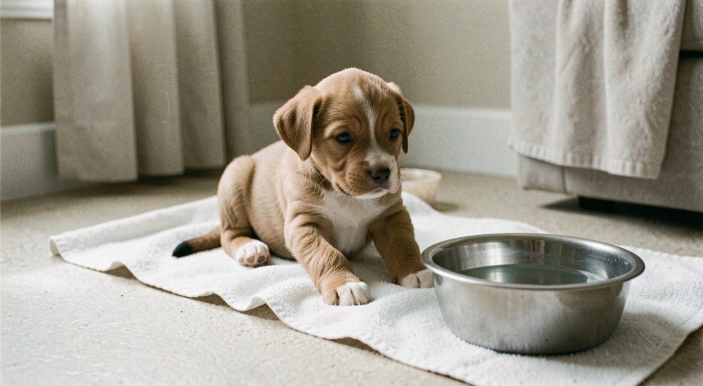 Un jeune chiot est installé sur une serviette propre près d’un bol d’eau, dans un espace de repos doux et facile à nettoyer.