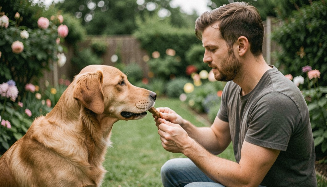 Un chien regarde son humain dans un jardin, une petite récompense est tenue à hauteur du museau et la posture du binôme reste détendue.
