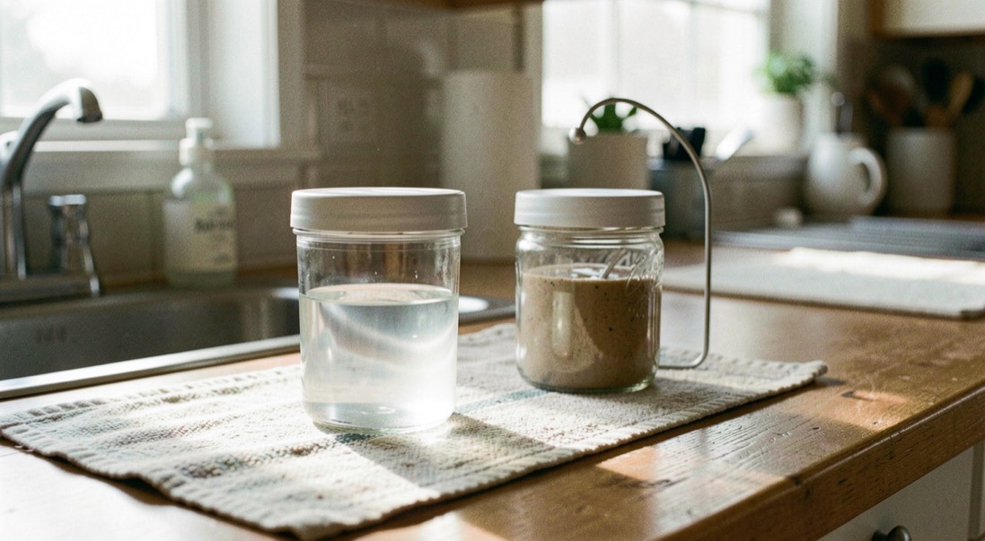 Deux gamelles propres sont posées sur un tapis lavable, l’une contient de l’eau fraîche et une lumière matinale éclaire la cuisine.