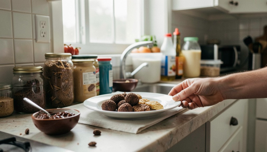 Une main éloigne une assiette d’aliments d’une truffe de chien, dans une cuisine rangée où les produits sont remis hors de portée.