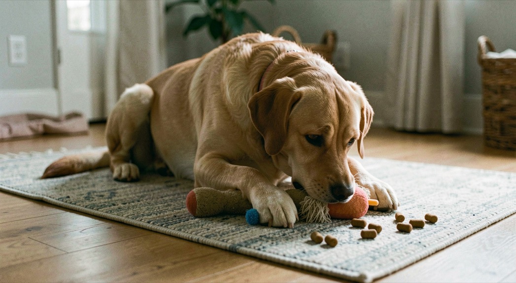 Un chien utilise un jouet d’occupation souple sur un tapis, quelques croquettes sont visibles et l’espace autour reste dégagé.