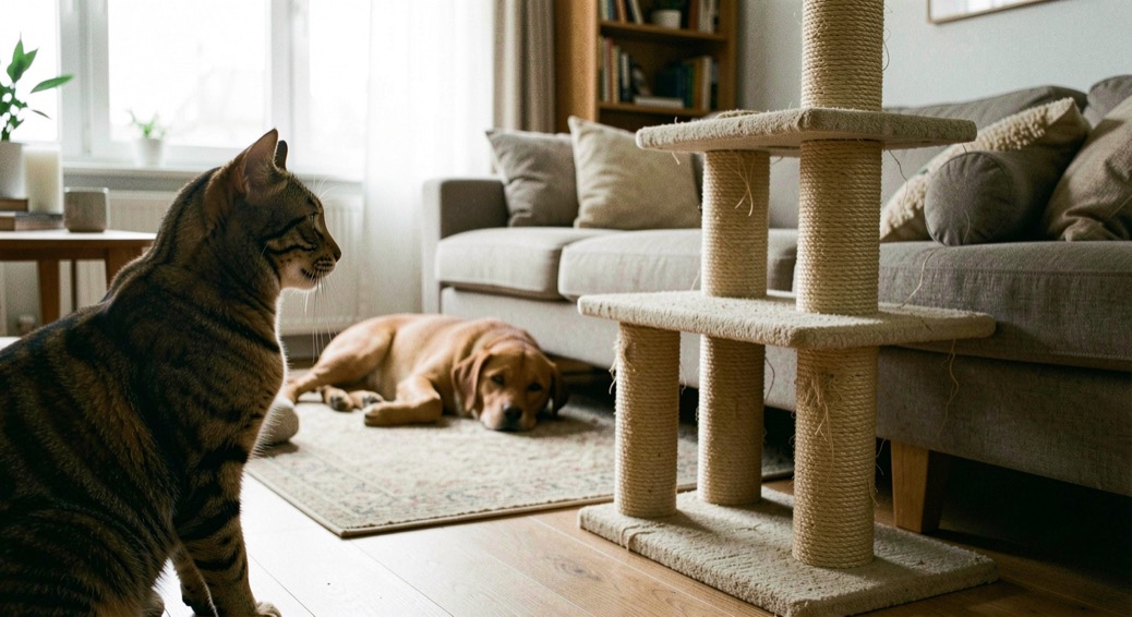 Un chat tigré observe un griffoir en sisal posé près d’un canapé, pendant qu’un chien repose à distance dans un salon lumineux.