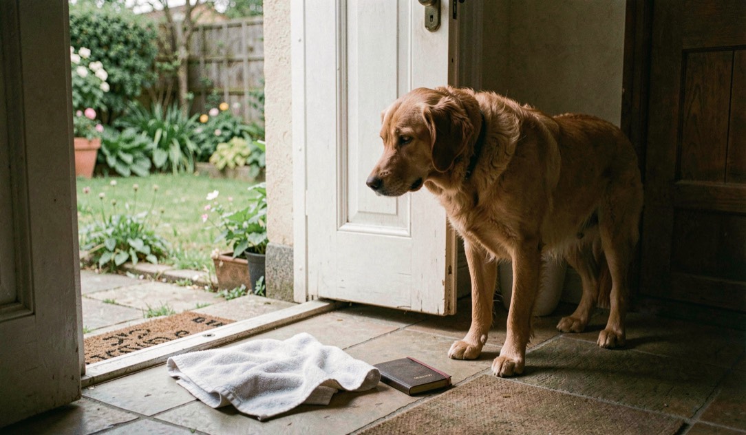 Un chien attend près d’une porte donnant sur un jardin, une serviette et un carnet sont posés à côté pour suivre la situation.