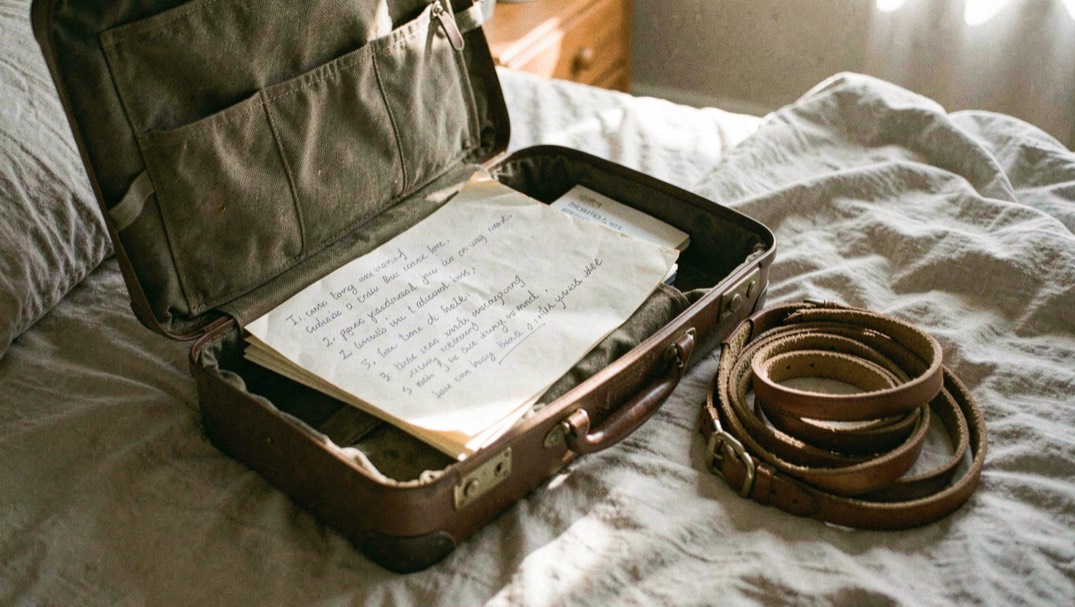 Une valise ouverte sur un lit avec une liste manuscrite, une laisse de chien enroulée à côté, dans une lumière de fin de journée.