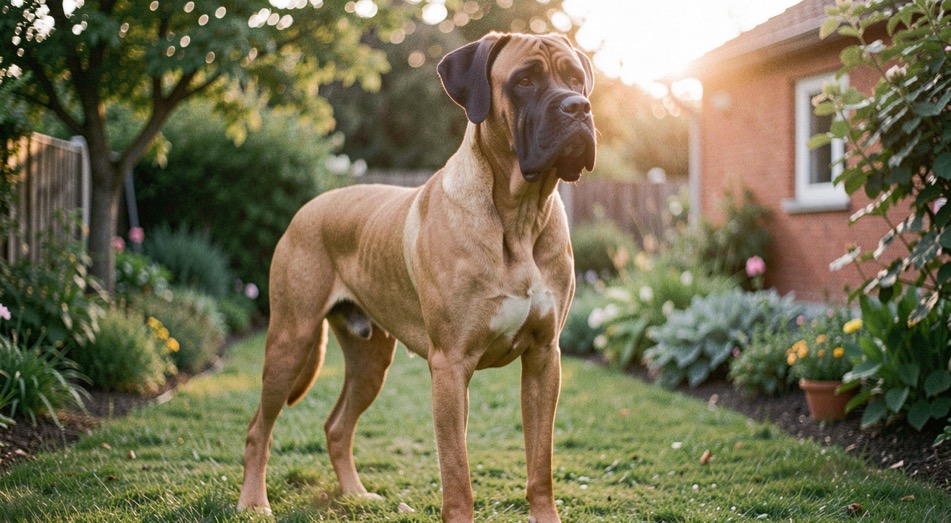 Un Dogue allemand fauve au masque noir se tient debout dans un jardin familial, sa silhouette noble éclairée par un soleil rasant.