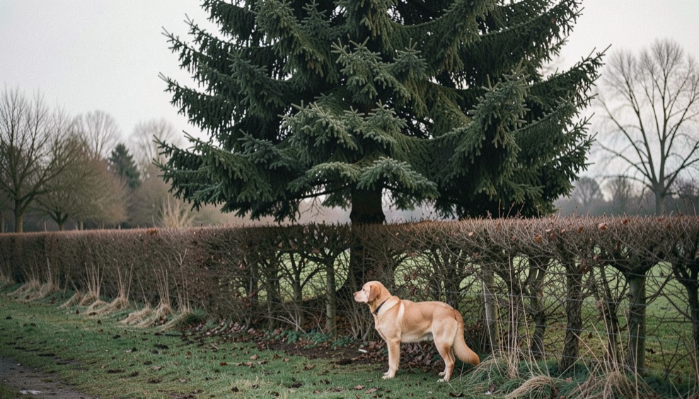 Un chêne vert au feuillage persistant sombre se détache dans une haie bocagère en hiver, un chien observant au pied de la haie.