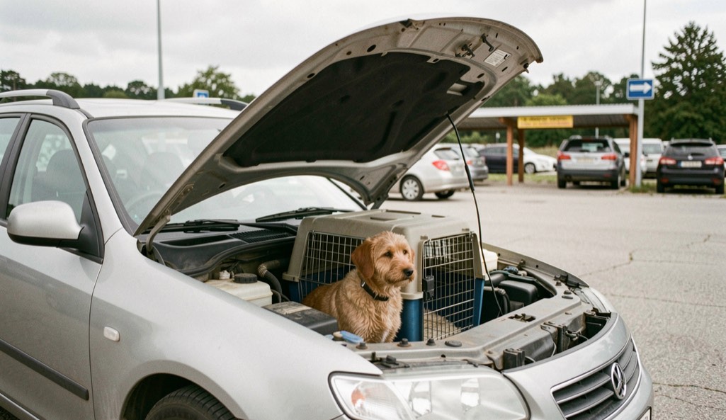 Le capot ouvert d’une voiture familiale garée sur une aire de repos, un chien patientant dans une caisse de transport visible par la portière.