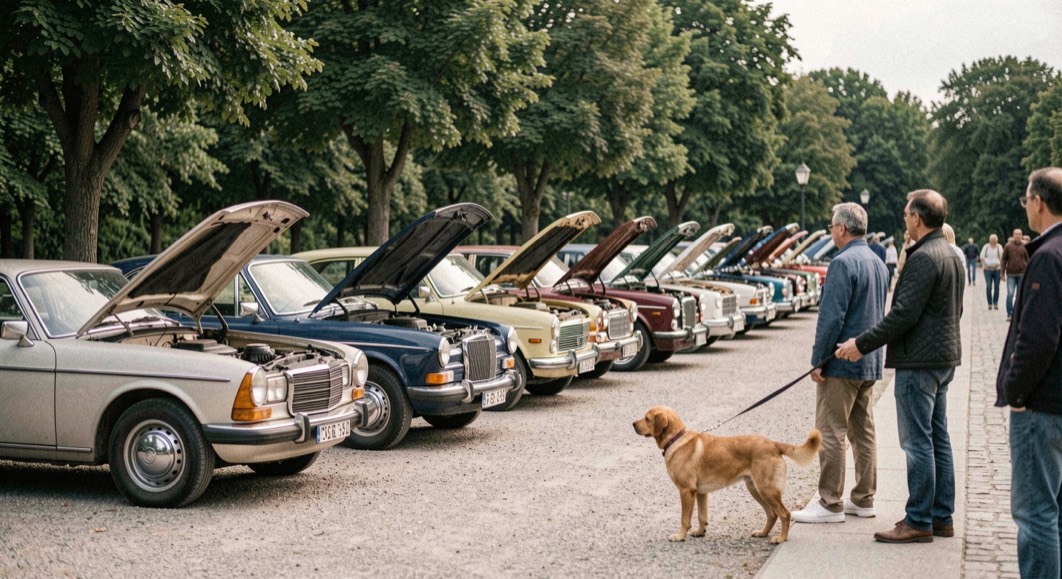 Une rangée de voitures anciennes capots ouverts sur une esplanade arborée, des visiteurs tenant un chien en laisse au premier plan.
