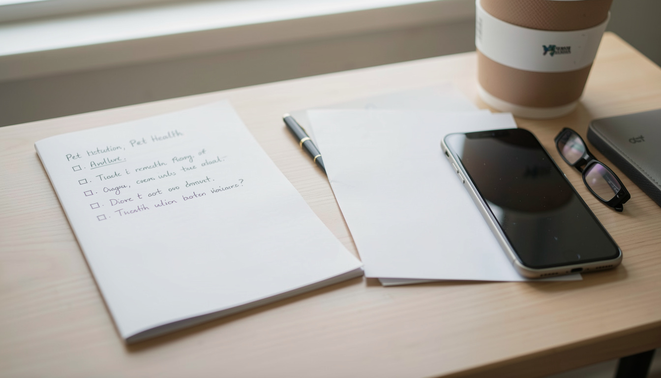 Une liste de vérifications manuscrite posée à côté d'un carnet de santé vierge et d'un téléphone, dans une lumière de bureau.