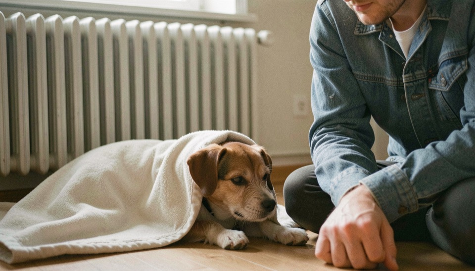 Un petit chien est enveloppé dans une couverture légère près d’un radiateur éteint, son humain observe calmement sa posture.