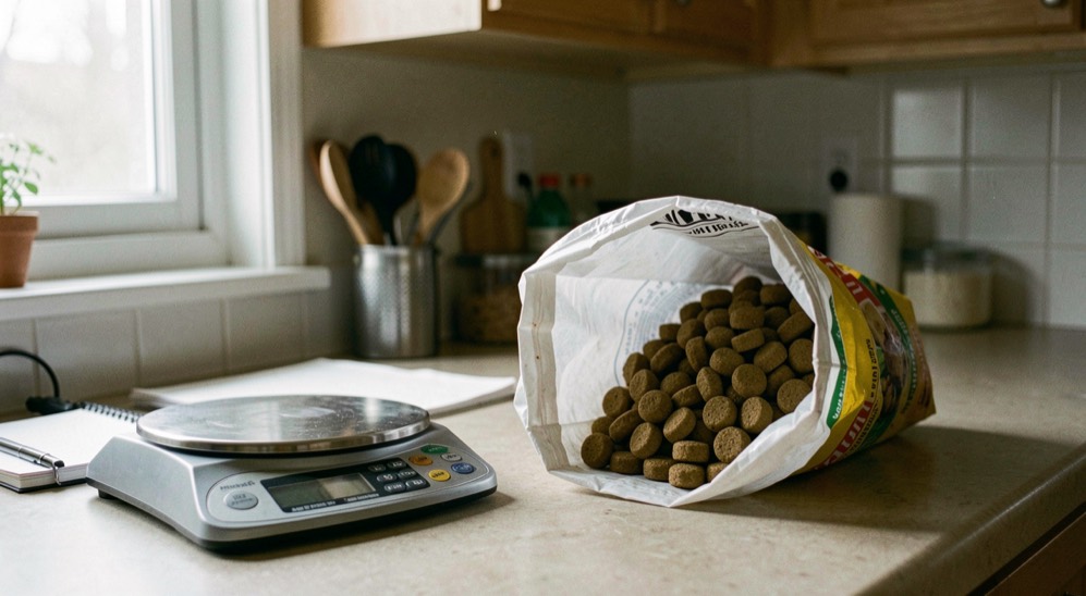 Un sac de croquettes sans marque visible est ouvert près d’une balance et d’un carnet, dans une cuisine éclairée par une lumière latérale.