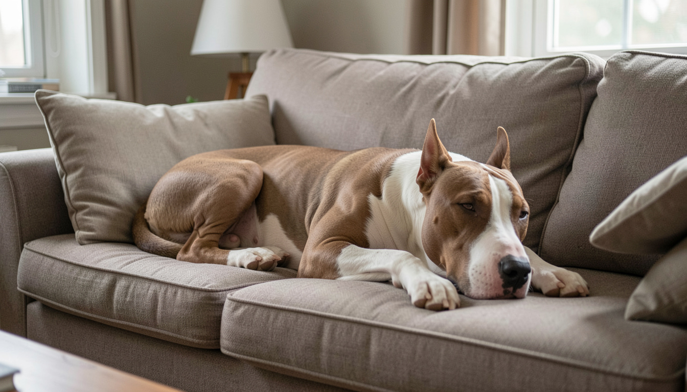 Un chien de type terrier allongé sur un canapé familial, la tête sur le coussin, dans un intérieur ordinaire et vécu.