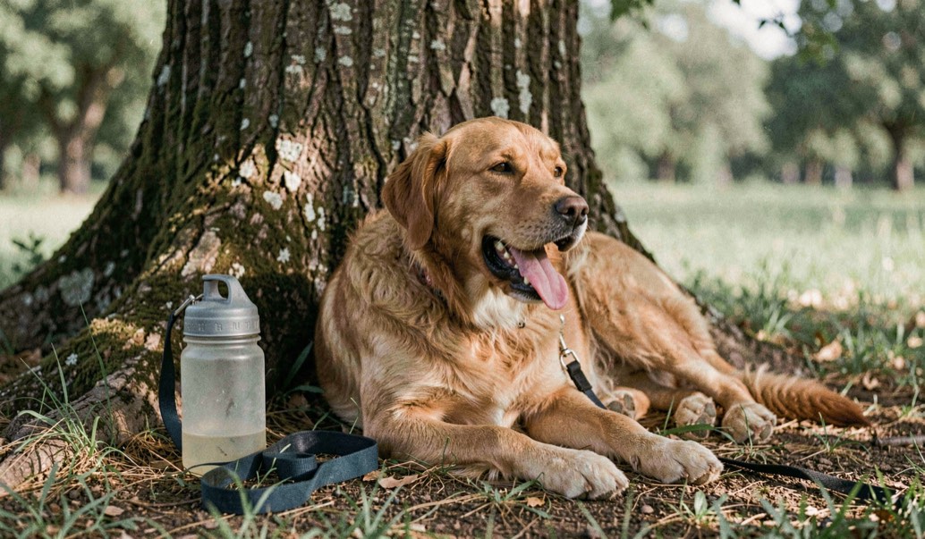 Un chien halète doucement à l’ombre d’un arbre après une promenade, une gourde et une laisse reposent sur le sol.