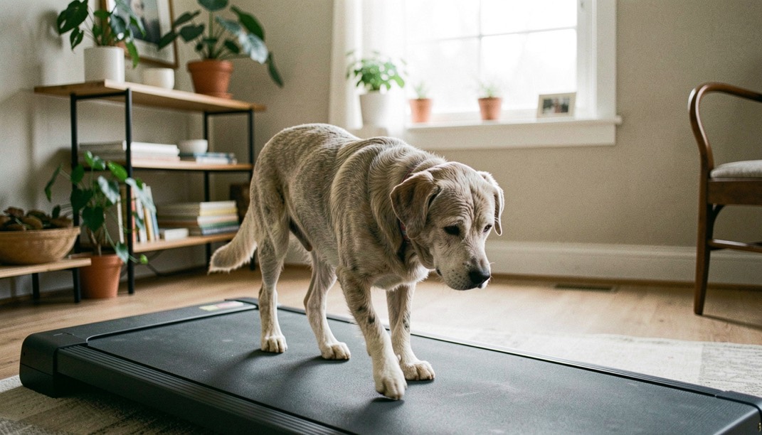 Un chien âgé avance lentement sur un tapis antidérapant, ses pattes arrière restent visibles dans une maison aménagée avec soin.