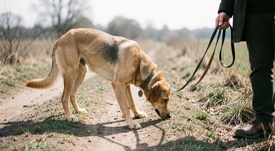 Un chien renifle longuement le bord d’un chemin de terre, sa laisse souple repose dans la main d’un humain hors du centre de l’image.