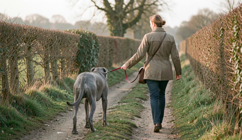 Une femme promène en laisse un grand dogue au poil gris-bleu sur un chemin de campagne bordé de haies, vue de dos, au petit matin.