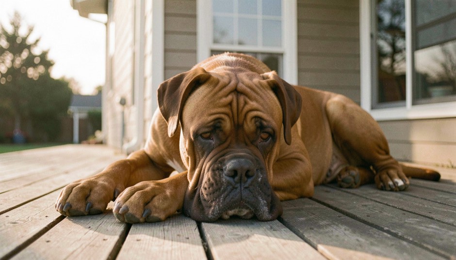 Un Dogue de Bordeaux à la robe fauve acajou couché sur la terrasse en bois d’une maison, sa large tête posée sur les pattes avant, dans la lumière dorée du soir.