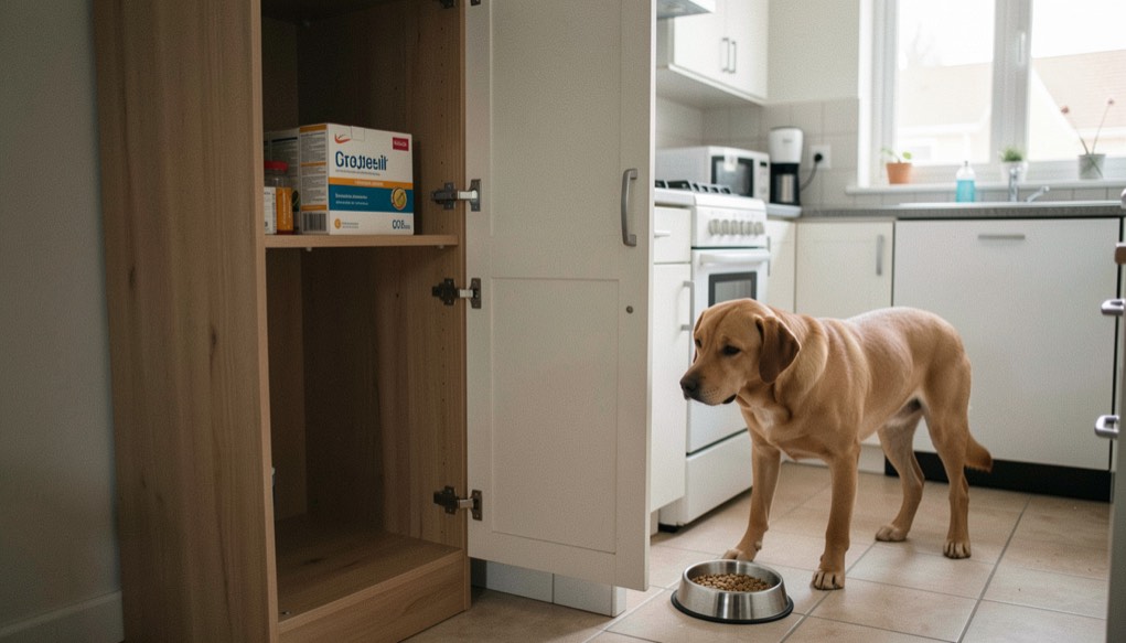 Une boîte de médicament reste fermée dans une armoire haute tandis qu’un chien attend près de sa gamelle dans une cuisine propre.