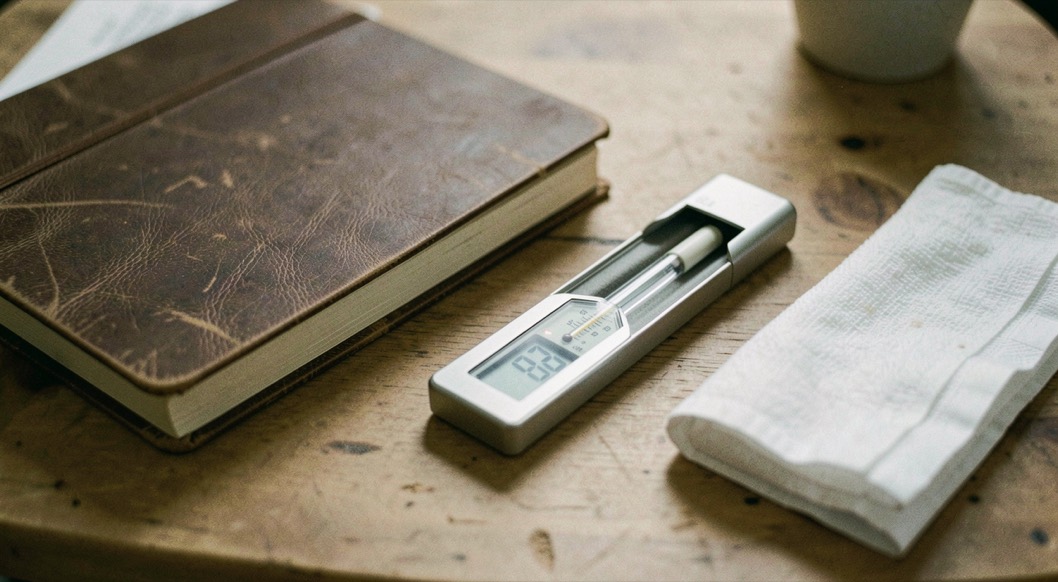 Un thermomètre numérique reste dans son étui sur une table, à côté d’un carnet et d’une serviette, sans scène de contrainte pour le chien.
