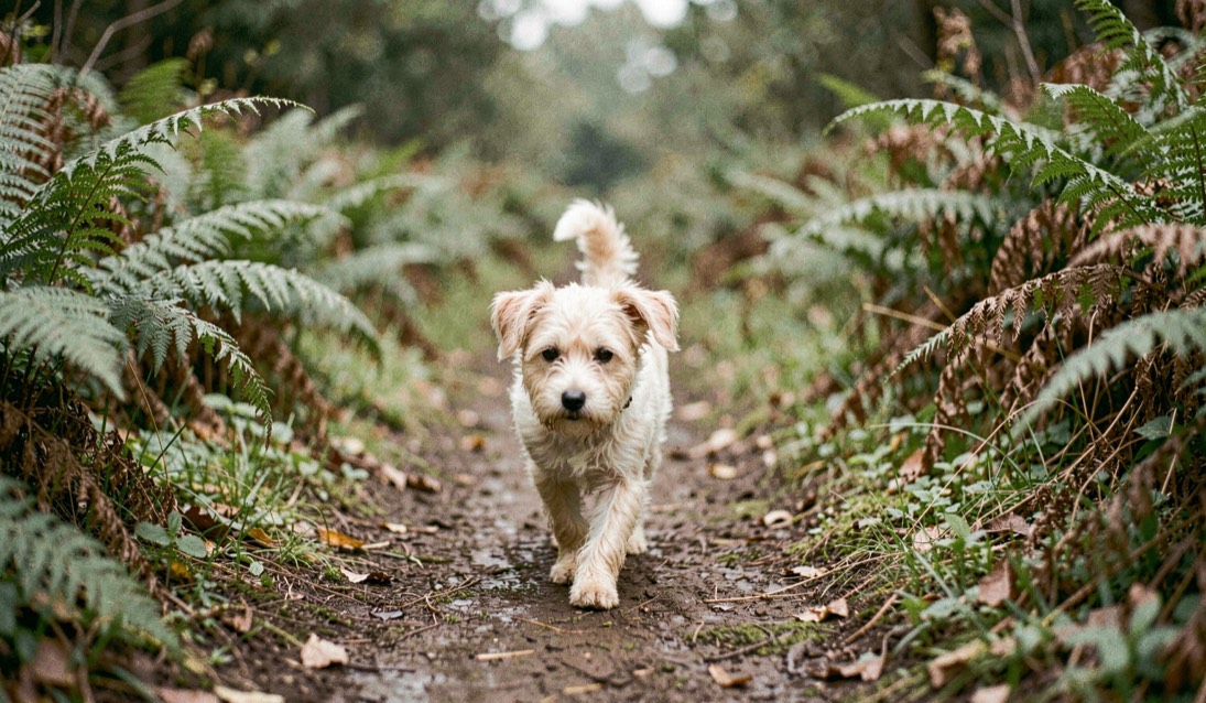 Un petit chien au poil clair marche sur un chemin bordé de fougères, sa taille apparaît dans le paysage sans mise en scène de studio.