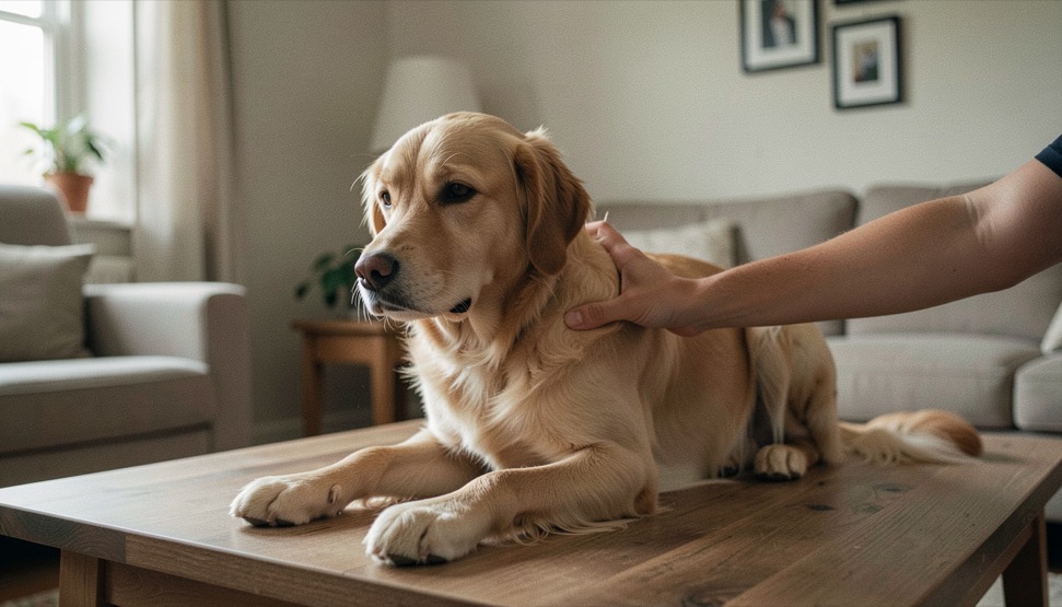 Un chien est observé avec douceur sur une table basse, une main écarte son pelage sans tirer et la pièce reste calme.