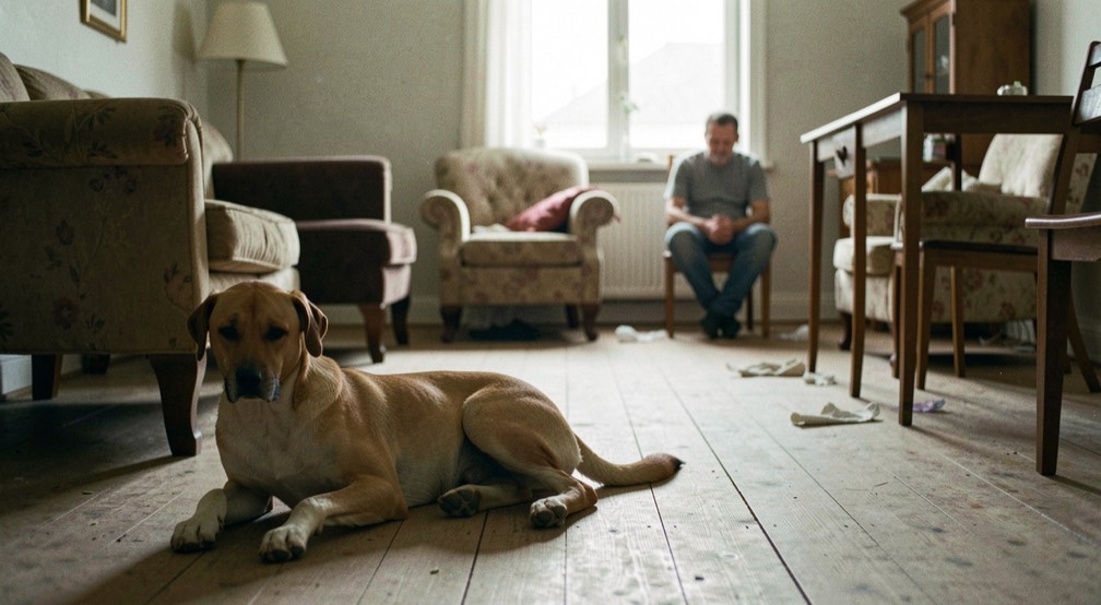 Un chien repose sur le sol dégagé d’une pièce après un épisode, les meubles proches sont écartés et l’humain reste assis à distance.