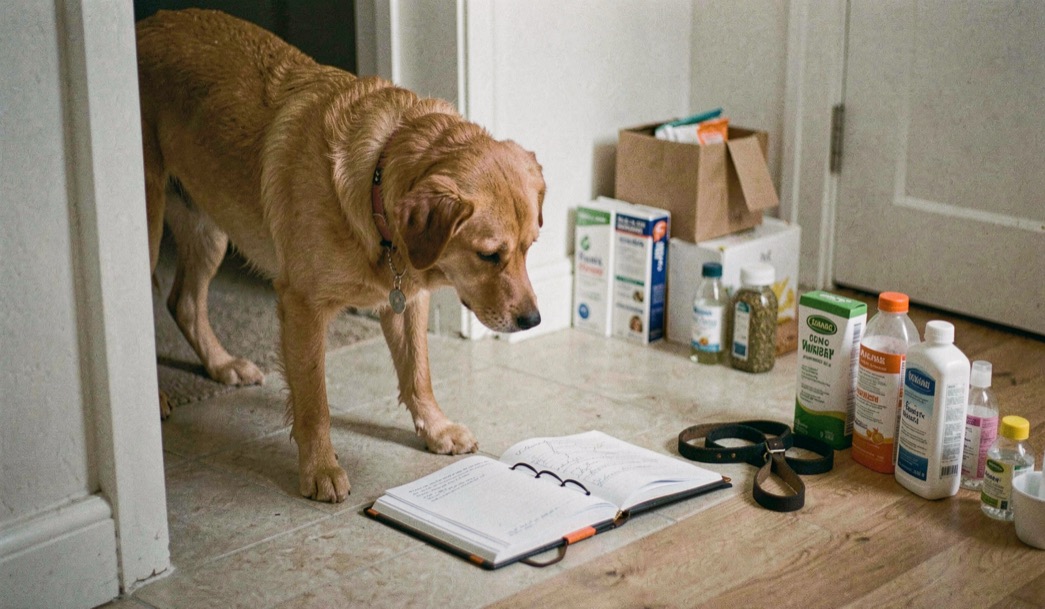 Un chien attend près d’un carnet de santé ouvert et d’une laisse, dans une entrée propre où les produits restent rangés hors de portée.