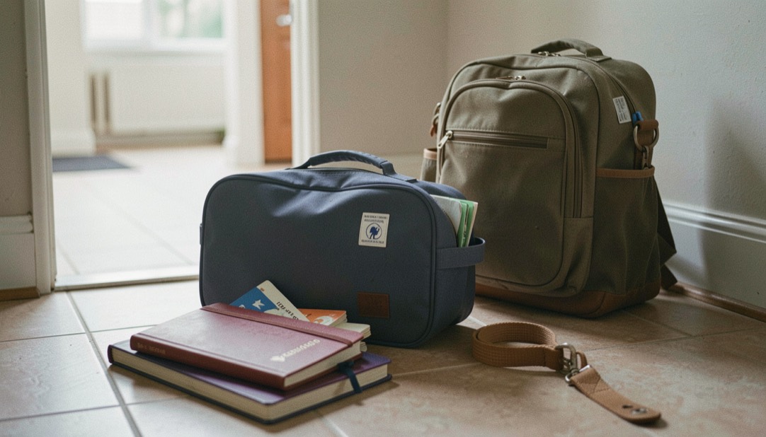 Une trousse de voyage, un carnet de santé et une laisse sont posés près d’un sac dans l’entrée, prêts pour un départ sans précipitation.