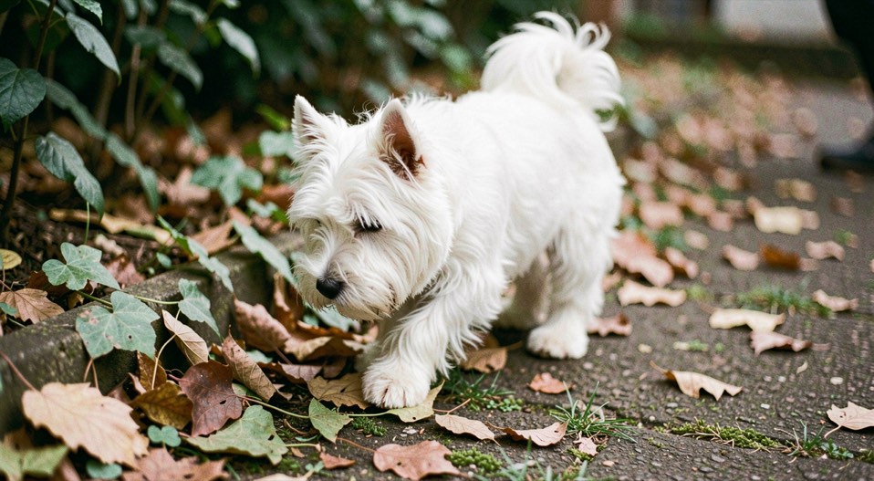 Un Westie blanc explore une bordure de jardin pleine de feuilles, son poil dense contraste avec les tons verts et bruns du sol.