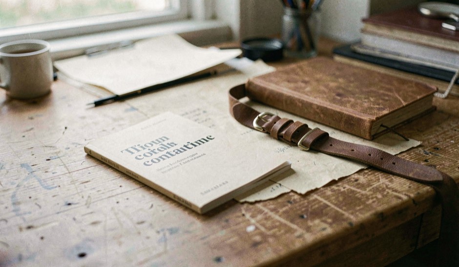 Un carnet éditorial et une laisse reposent sur une table de rédaction, dans une lumière douce et sans donnée personnelle.