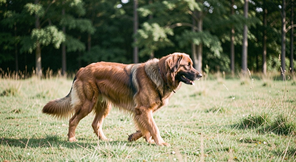 Un grand chien de type berger marche dans une prairie ouverte, sa silhouette se détache devant une ligne d’arbres sous une lumière fraîche.