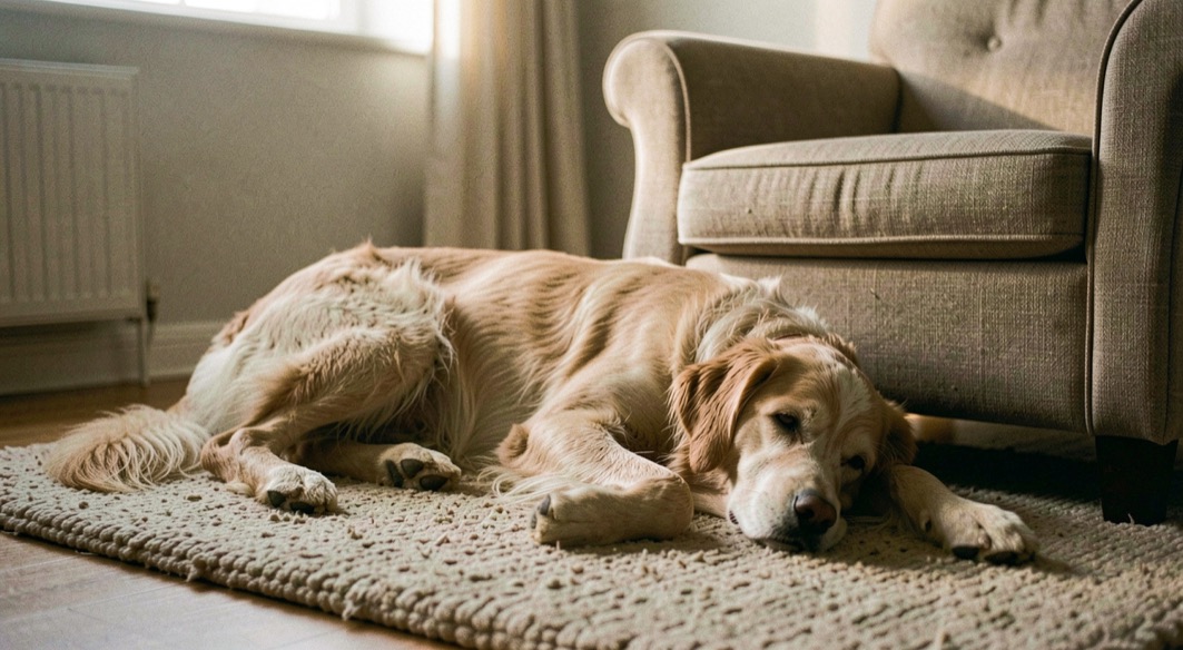Un chien âgé repose sur un tapis épais près d’un fauteuil, dans une pièce calme où la lumière du soir adoucit les contours.