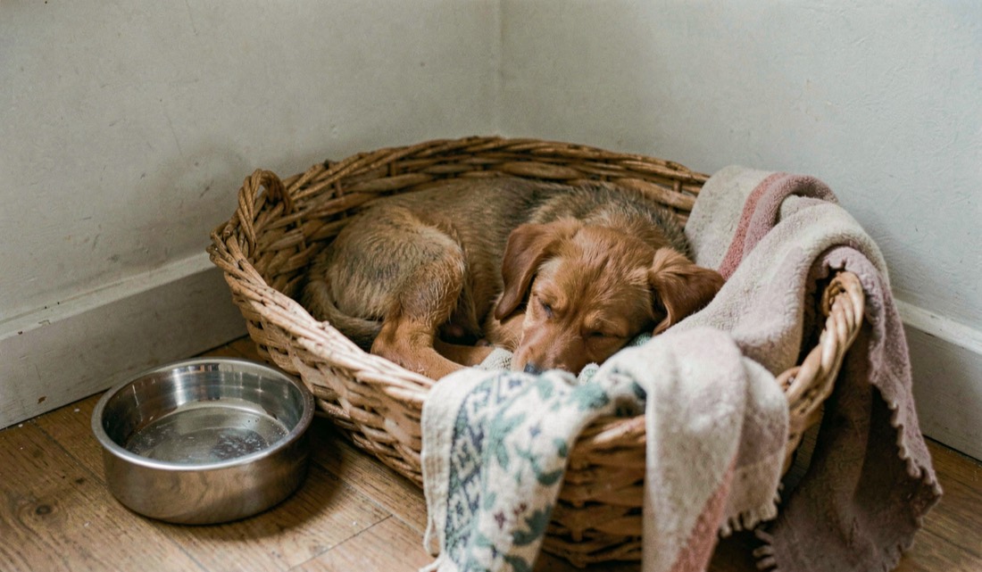 Un chiot dort dans un panier installé dans un angle calme, une gamelle d’eau et une couverture familière restent à portée sans encombrer le passage.