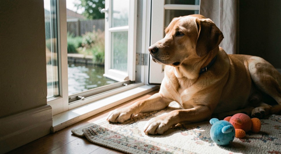 Un chien détendu observe son environnement depuis un tapis près d’une fenêtre ouverte, avec de l’eau, de l’ombre et un jouet accessibles.