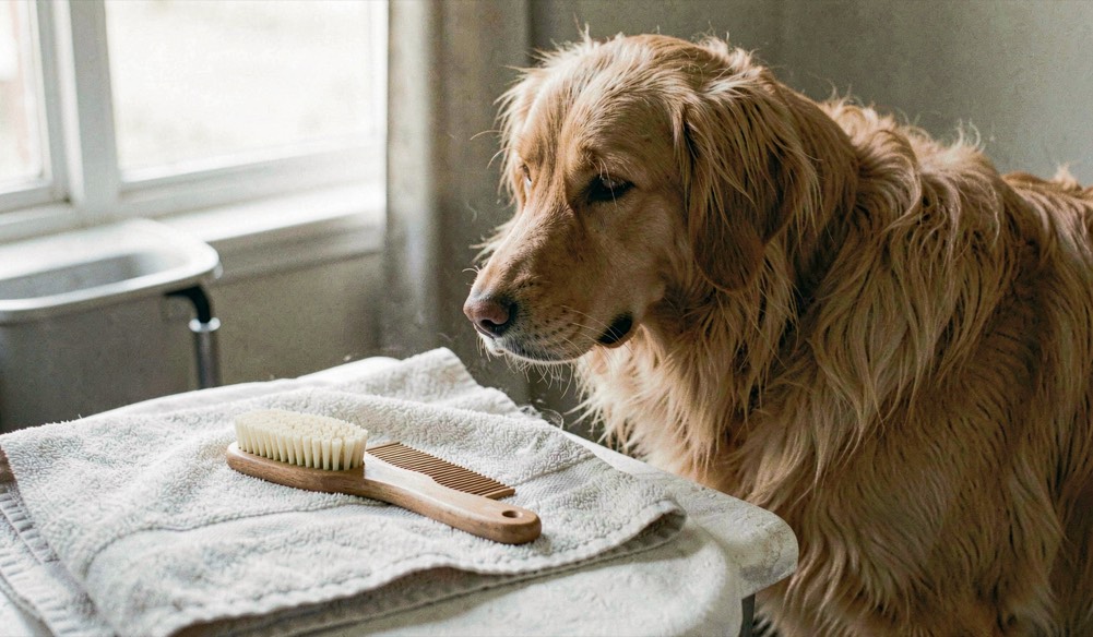 Une brosse souple et un peigne sont posés sur une serviette près d’un chien au pelage long, dans une scène de toilettage calme.