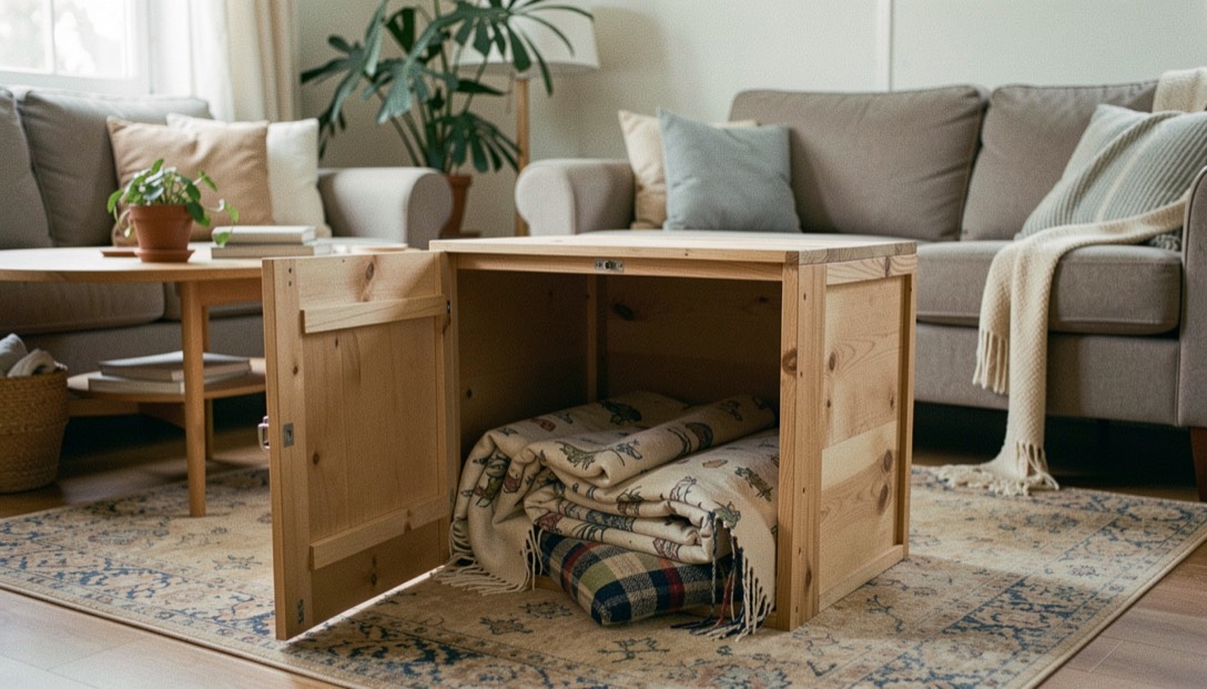 Une caisse de transport ouverte est installée dans un salon, tapis et couverture à l’intérieur, la porte reste attachée pour créer un espace accueillant.