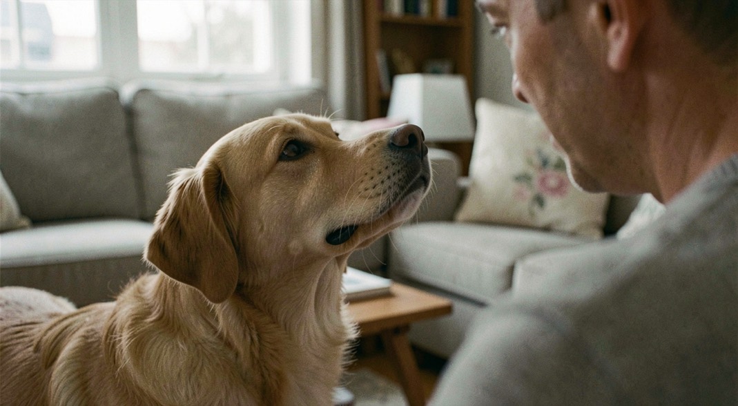 Un chien posé près de son humain lève doucement la tête, les deux visages restent hors cadre et la scène se déroule dans un salon lumineux.