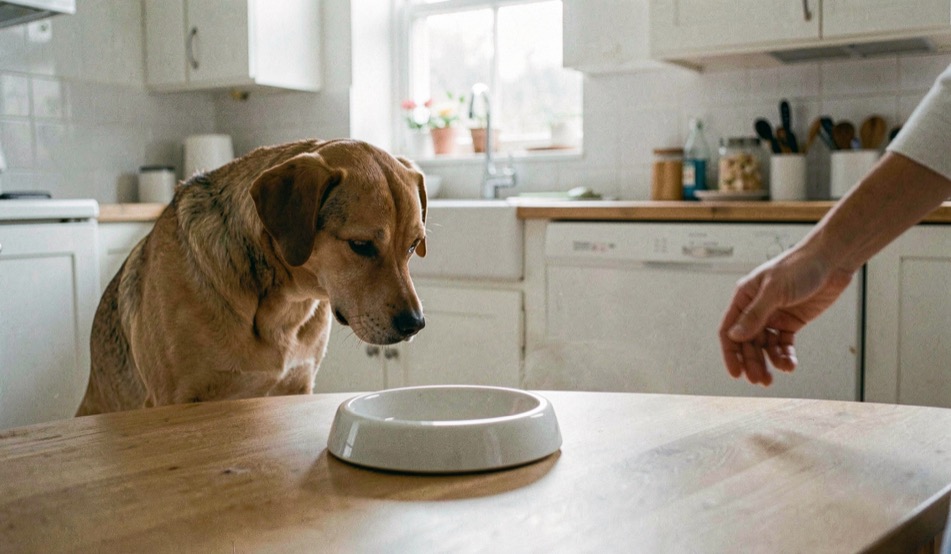 Un chien regarde une gamelle intacte posée dans une cuisine claire, tandis qu’une main éloignée laisse la scène calme et sans pression.