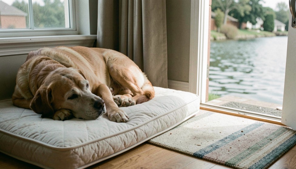 Un chien senior repose sur un matelas bas près d’une fenêtre, un tapis antidérapant relie son couchage à l’eau et à la porte.