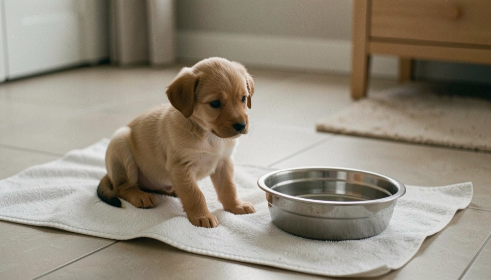 Un jeune chiot est installé sur une serviette propre près d’un bol d’eau, dans un espace de repos doux et facile à nettoyer.