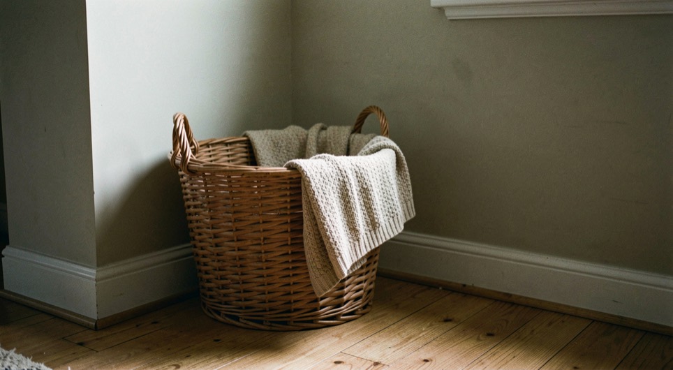 Un panier épais est placé dans un angle tranquille du salon, légèrement éloigné du passage, avec une couverture et une lumière douce.